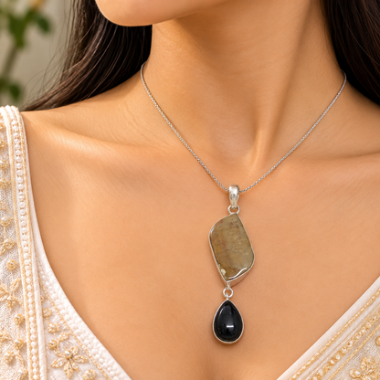 Fossil Coral and Black Onyx Pendant in Silver Tone for Women PEN672-SLV-NBO-NFC02
