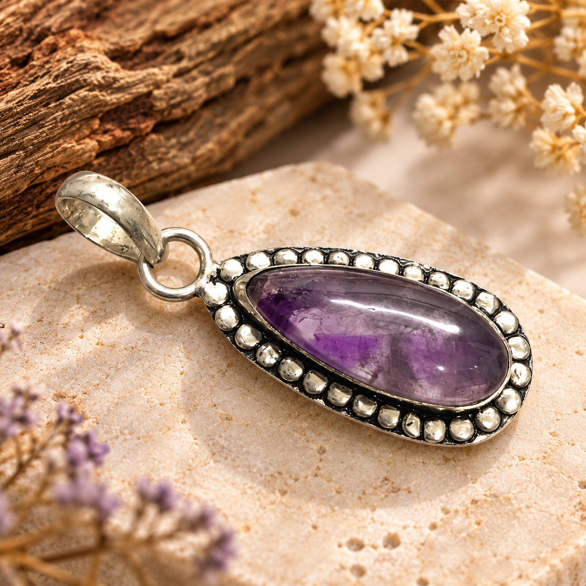 Purple Amethyst Pendant with Beaded Silver Border for Women PEN673-SLV-NAMT01