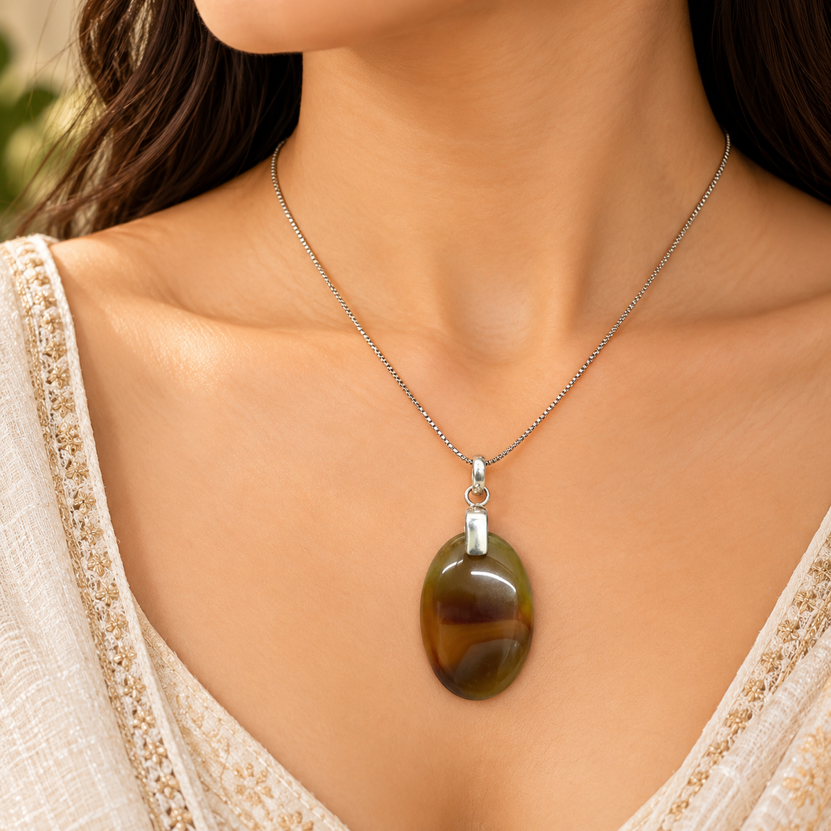 Brown White Agate Oval Pendant in Silver Tone for Women PEN674-SLV-NBWAG01