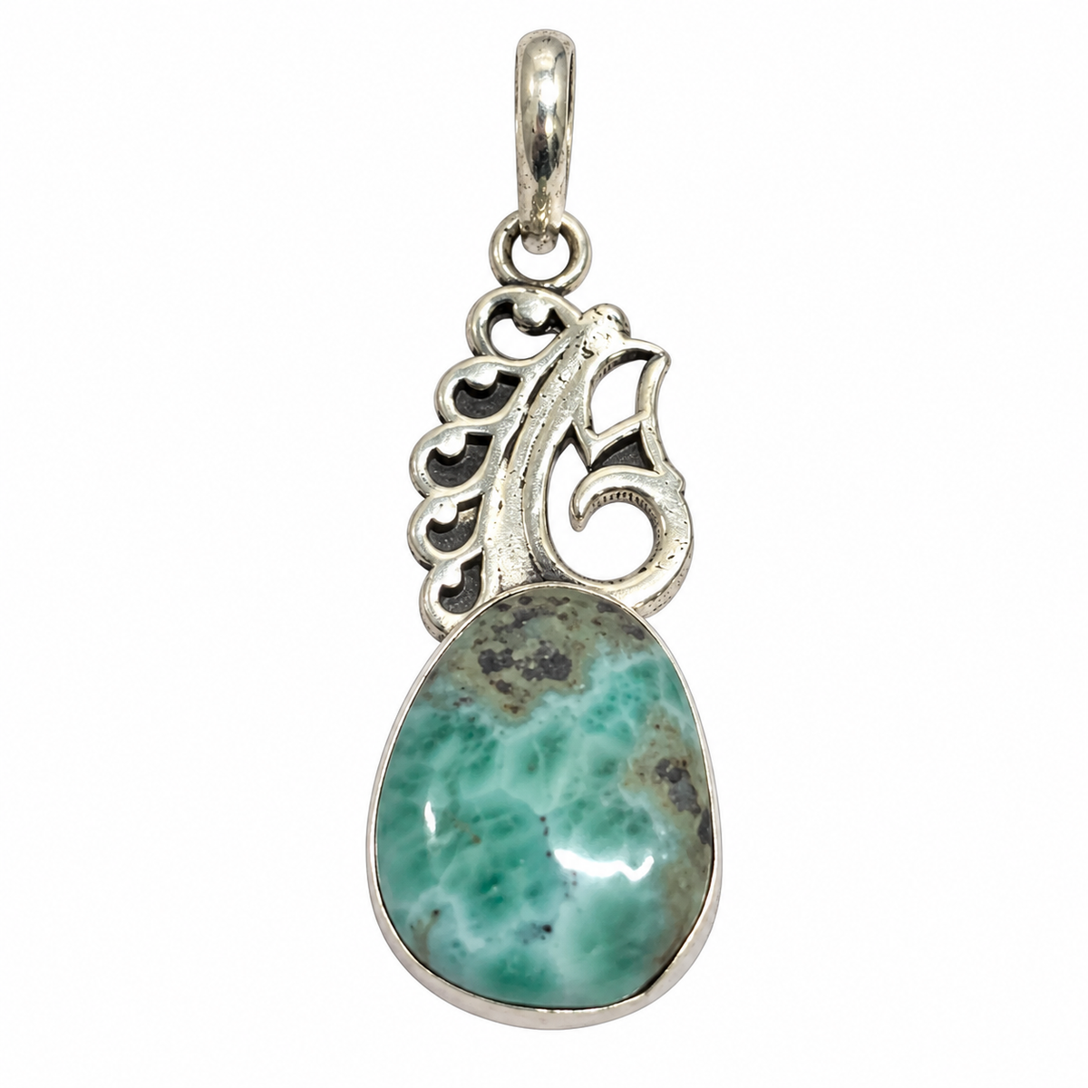 Green Larimar Pendant with Vintage Silver Design for Women PEN675-SLV-NLAR01