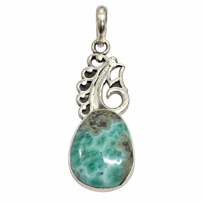 Green Larimar Pendant with Vintage Silver Design for Women PEN675-SLV-NLAR01