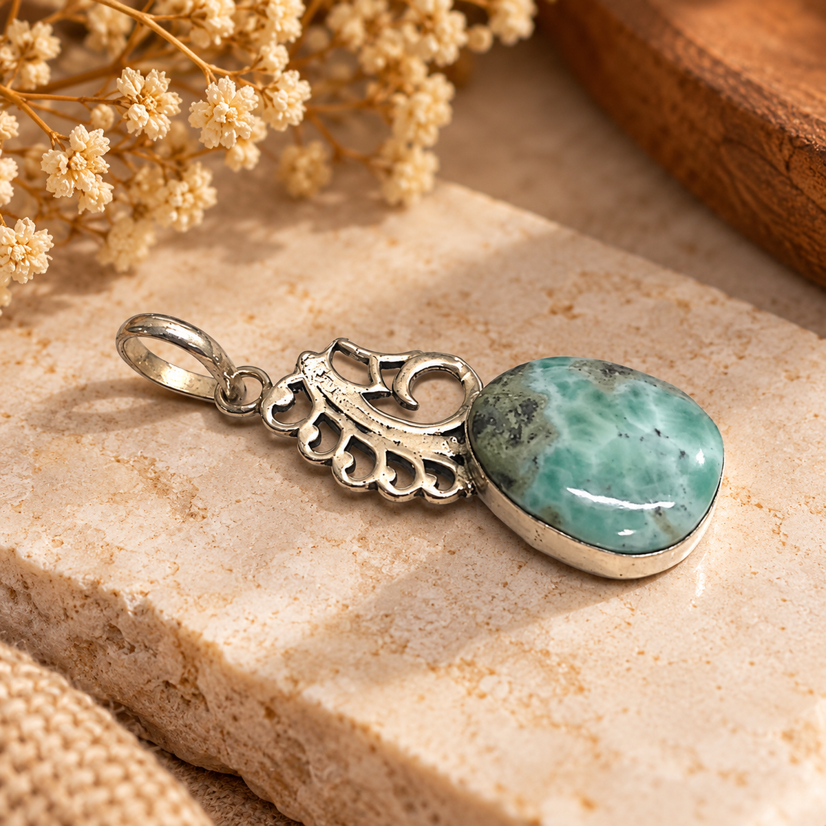 Green Larimar Pendant with Vintage Silver Design for Women PEN675-SLV-NLAR01