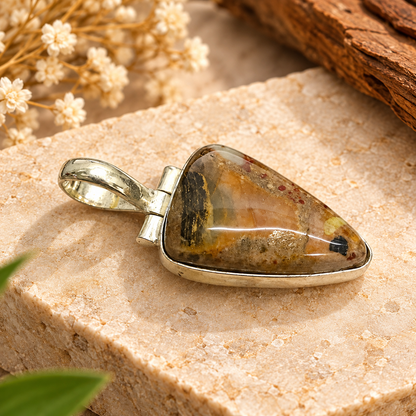 Boho Silver Tone Jasper Gemstone Triangle Pendant PEN676-SLV-NJR01