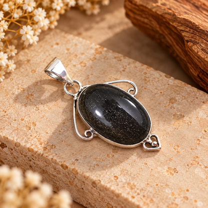 Boho Silver Tone Oval Black Jasper Gold Stone Pendant PEN677-SLV-NJR01