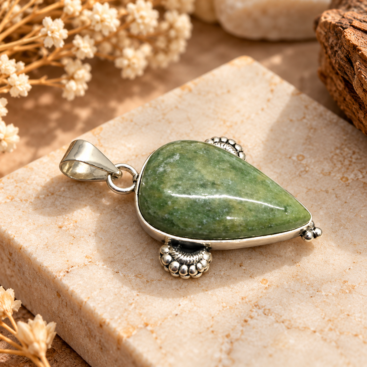 Boho Silver Tone Teardrop Green Jasper Pendant PEN678-SLV-NJR01