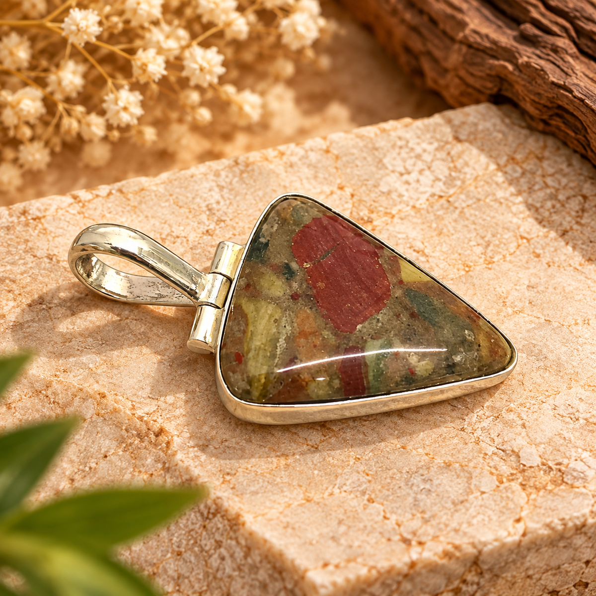 Boho Silver Tone Triangle Red Jasper Pendant PEN679-SLV-NJR01