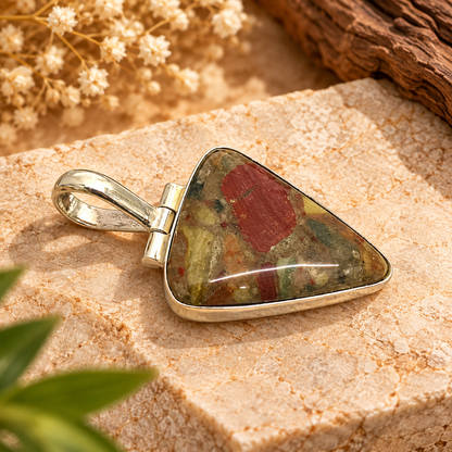 Boho Silver Tone Triangle Red Jasper Pendant PEN679-SLV-NJR01