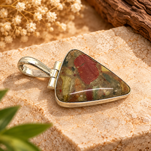 Boho Silver Tone Triangle Red Jasper Pendant PEN679-SLV-NJR01