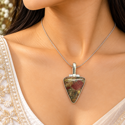 Boho Silver Tone Triangle Red Jasper Pendant PEN679-SLV-NJR01