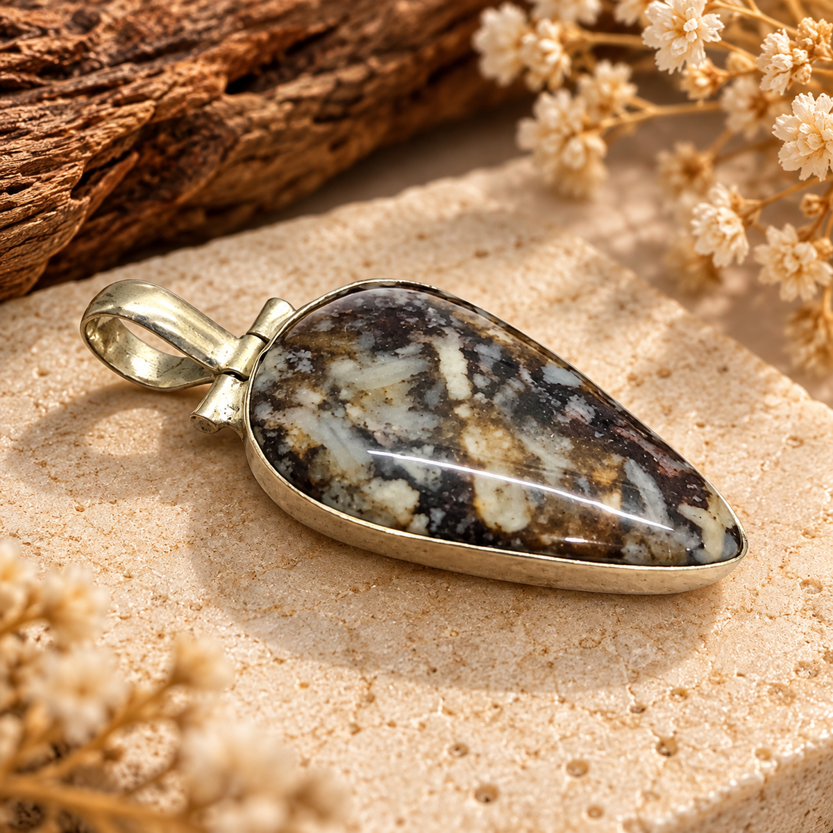 Boho Silver Tone Teardrop Jasper Gemstone Pendant PEN680-SLV-NJR01