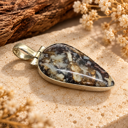 Boho Silver Tone Teardrop Jasper Gemstone Pendant PEN680-SLV-NJR01