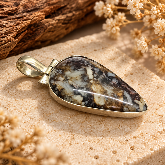 Boho Silver Tone Teardrop Jasper Gemstone Pendant PEN680-SLV-NJR01