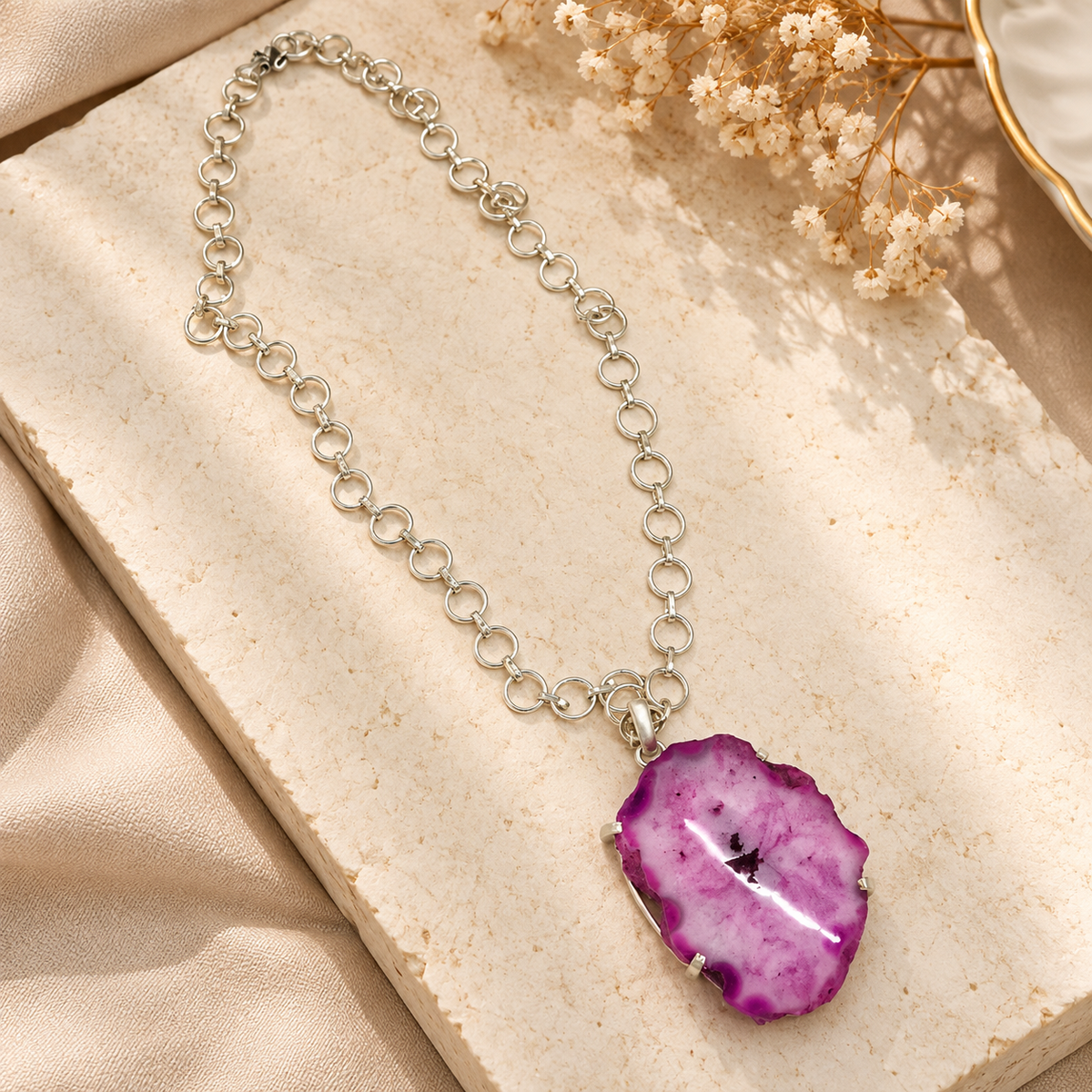Pink Agate Pendant Necklace, Silver Link Chain Jewelry PEN683-SLV-NSAG01