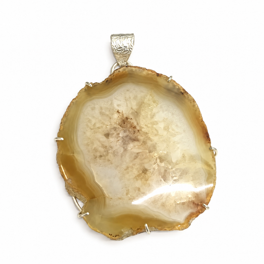 Yellow Agate Pendant, Natural Druzy Stone Silver Jewelry PEN684-SLV-NSAG01