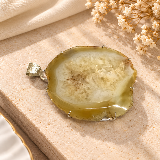 Yellow Agate Pendant, Natural Druzy Stone Silver Jewelry PEN684-SLV-NSAG01