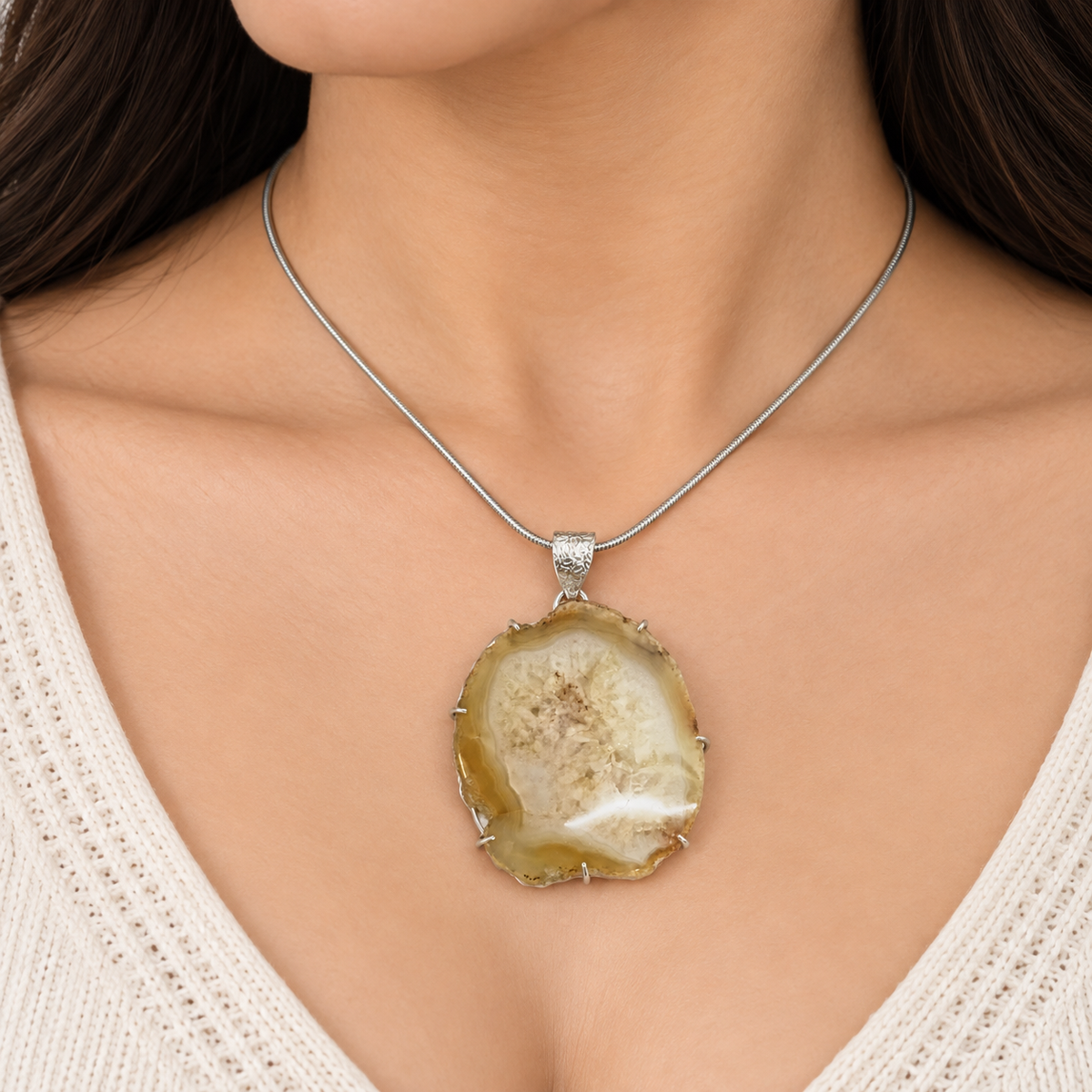 Yellow Agate Pendant, Natural Druzy Stone Silver Jewelry PEN684-SLV-NSAG01