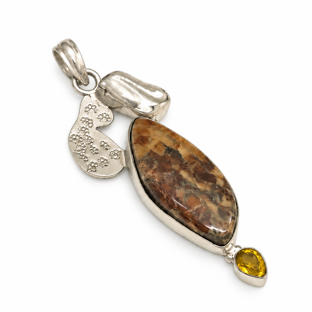 Natural Stone Teardrop Pendant with Yellow Gemstone PEN69-SLV-NJR-LMUL03