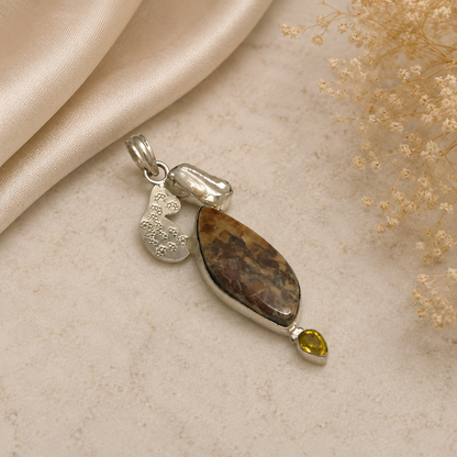 Natural Stone Teardrop Pendant with Yellow Gemstone PEN69-SLV-NJR-LMUL03