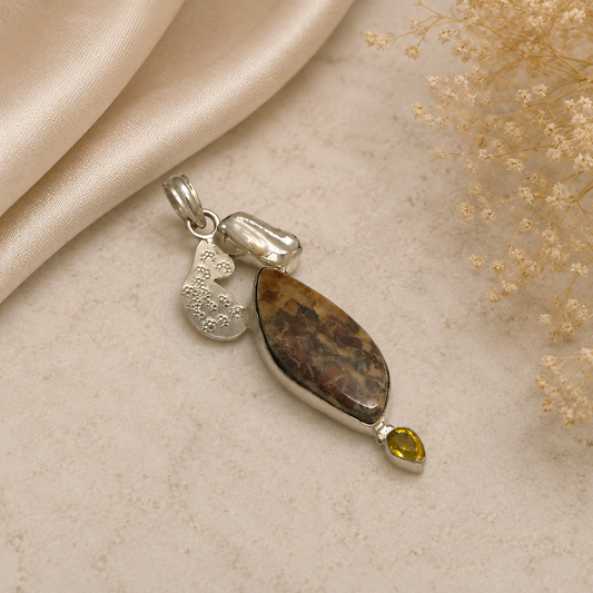 Natural Stone Teardrop Pendant with Yellow Gemstone PEN69-SLV-NJR-LMUL03