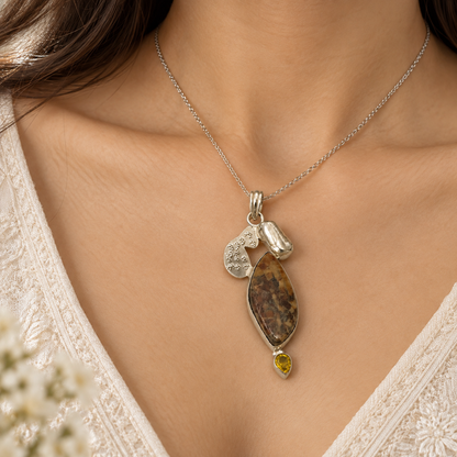Natural Stone Teardrop Pendant with Yellow Gemstone PEN69-SLV-NJR-LMUL03