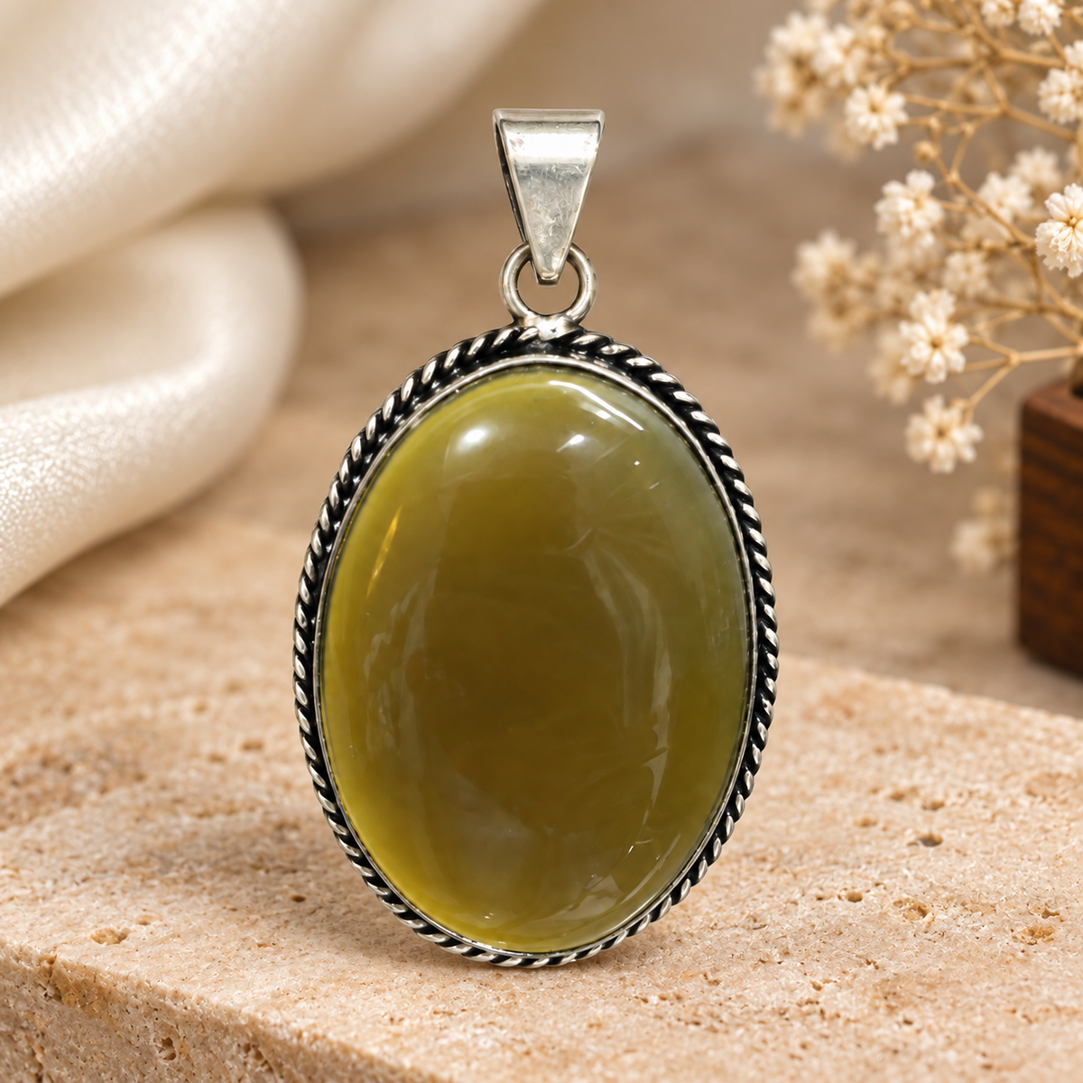 Botswana Agate Gemstone Pendant, Vintage Silver Statement Jewelry PEN690-SLV-NBWAG01