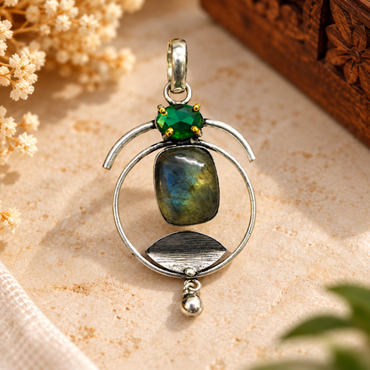 Labradorite Emerald Green Pendant, Artistic Silver Jewelry PEN691-SLV-LCD-NLBD02