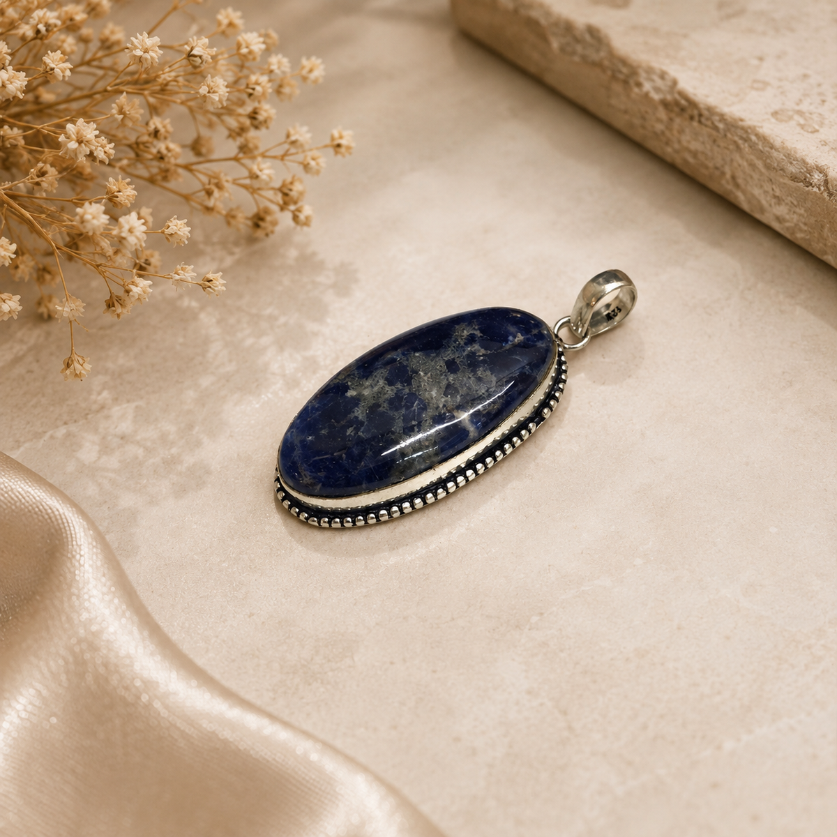 Blue Sodalite Pendant, Oval Gemstone Silver Statement Jewelry PEN692-SLV-NSDL01