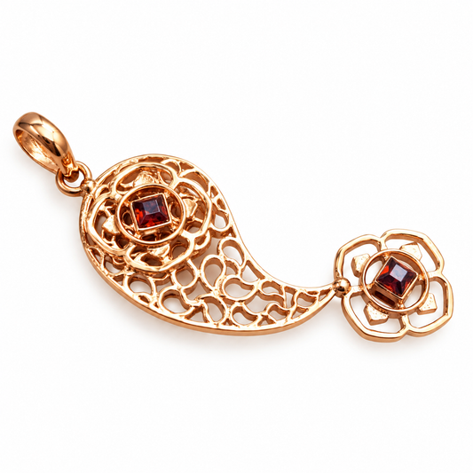 Rose Gold Garnet Pendant, Filigree Floral Statement Jewelry PEN693-RGLD-NGR02