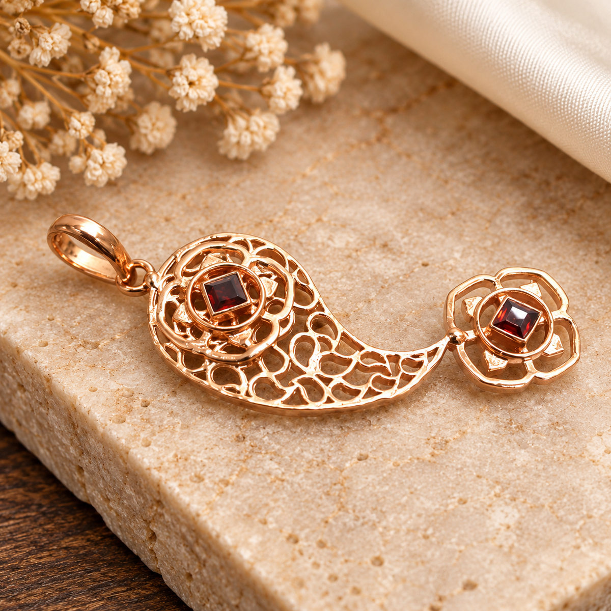Rose Gold Garnet Pendant, Filigree Floral Statement Jewelry PEN693-RGLD-NGR02