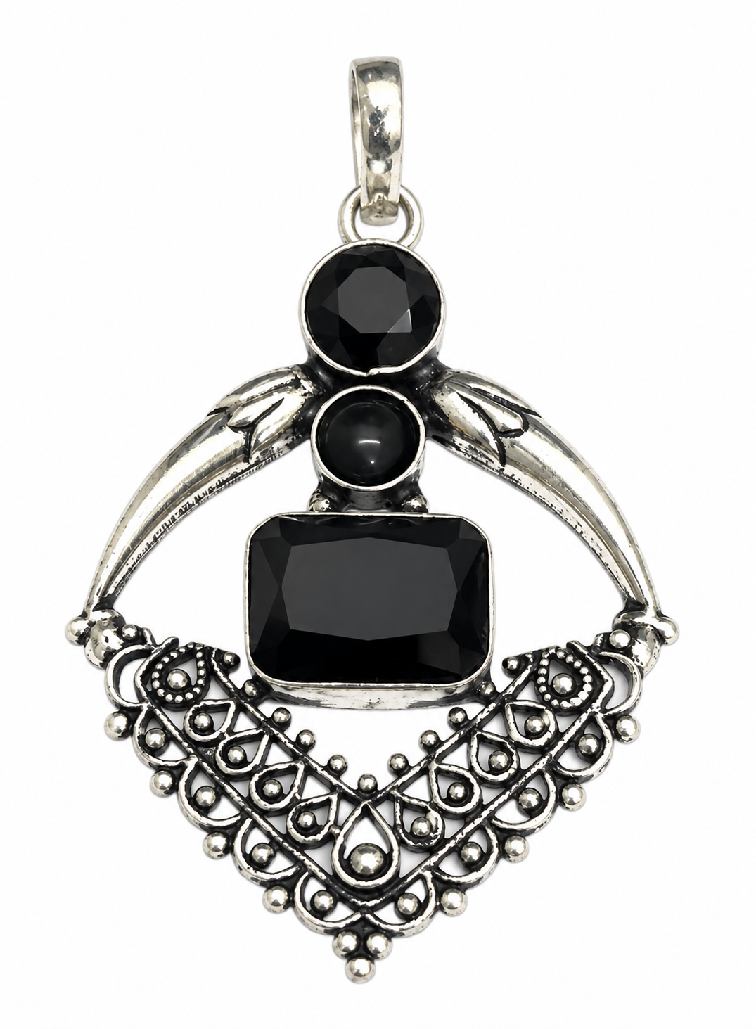 Black Spinel Pendant, Oxidized Silver Gothic Statement Jewelry PEN694-SLV-LBLKSPL03