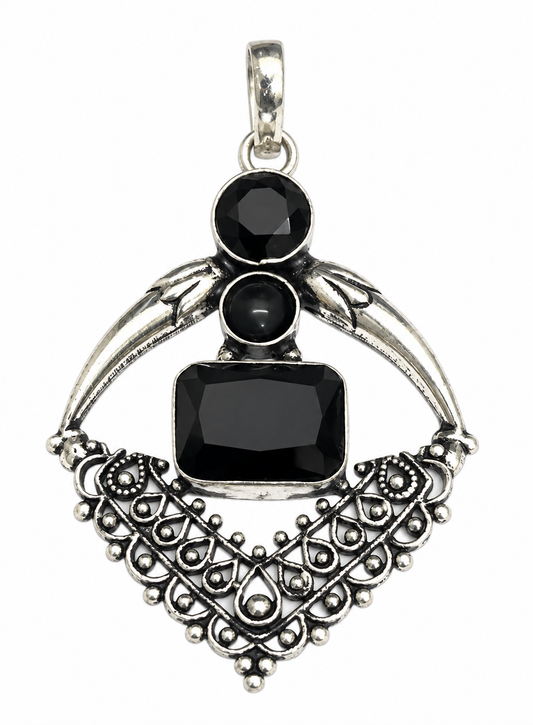 Black Spinel Pendant, Oxidized Silver Gothic Statement Jewelry PEN694-SLV-LBLKSPL03