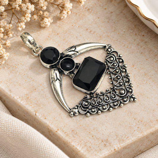 Black Spinel Pendant, Oxidized Silver Gothic Statement Jewelry PEN694-SLV-LBLKSPL03