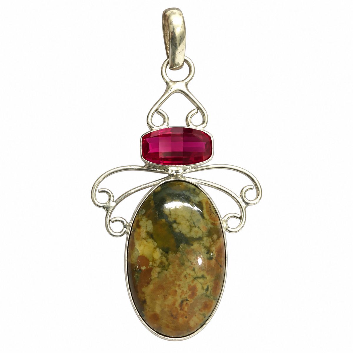 Green Jasper garnet Pendant, Ornate Silver Tone Gemstone Jewelry PEN697-SLV-LGR-NJR02