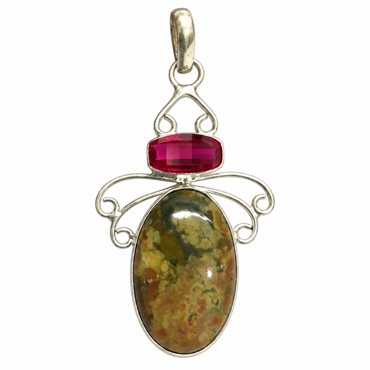 Green Jasper garnet Pendant, Ornate Silver Tone Gemstone Jewelry PEN697-SLV-LGR-NJR02