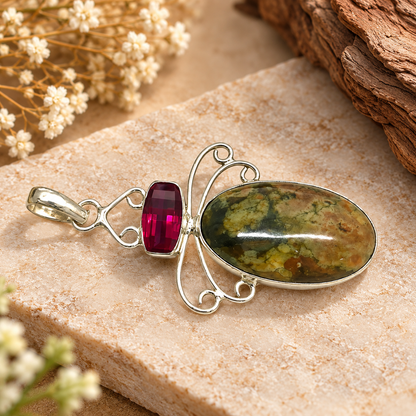 Green Jasper garnet Pendant, Ornate Silver Tone Gemstone Jewelry PEN697-SLV-LGR-NJR02