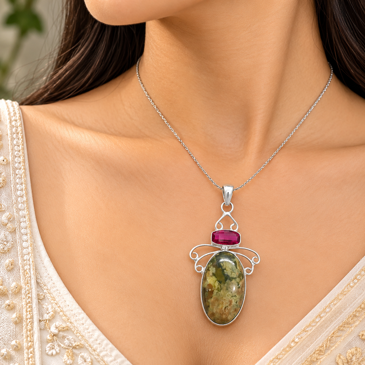Green Jasper garnet Pendant, Ornate Silver Tone Gemstone Jewelry PEN697-SLV-LGR-NJR02