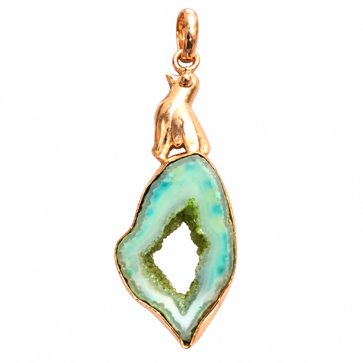 Aqua Druzy Agate Pendant, Rose Gold Tone Geode Jewelry PEN698-RGLD-NGDAG01