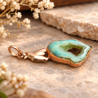 Aqua Druzy Agate Pendant, Rose Gold Tone Geode Jewelry PEN698-RGLD-NGDAG01