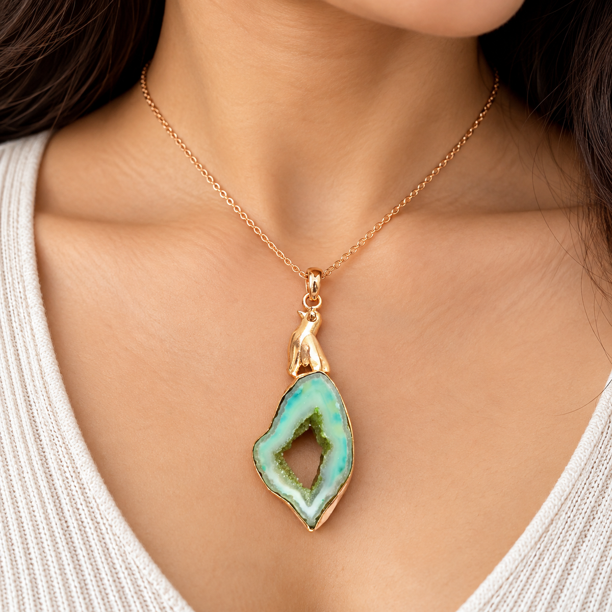 Aqua Druzy Agate Pendant, Rose Gold Tone Geode Jewelry PEN698-RGLD-NGDAG01