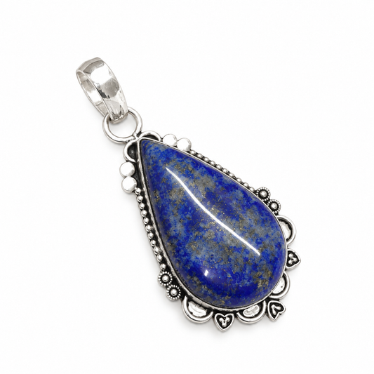 Blue Lapis Lazuli Pendant, Ornate Silver Tone Gemstone Jewelry PEN699-SLV-NLLZ01