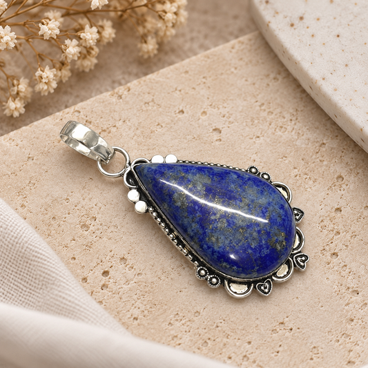 Blue Lapis Lazuli Pendant, Ornate Silver Tone Gemstone Jewelry PEN699-SLV-NLLZ01