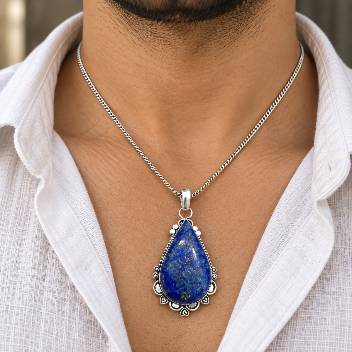 Blue Lapis Lazuli Pendant, Ornate Silver Tone Gemstone Jewelry PEN699-SLV-NLLZ01