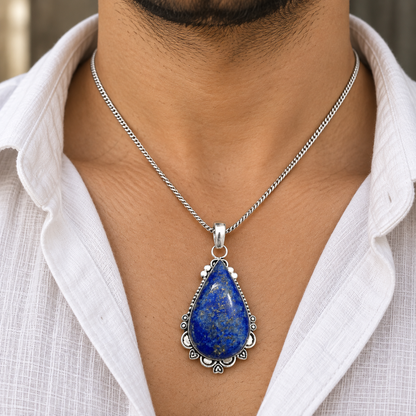 Blue Lapis Lazuli Pendant, Ornate Silver Tone Gemstone Jewelry PEN699-SLV-NLLZ01