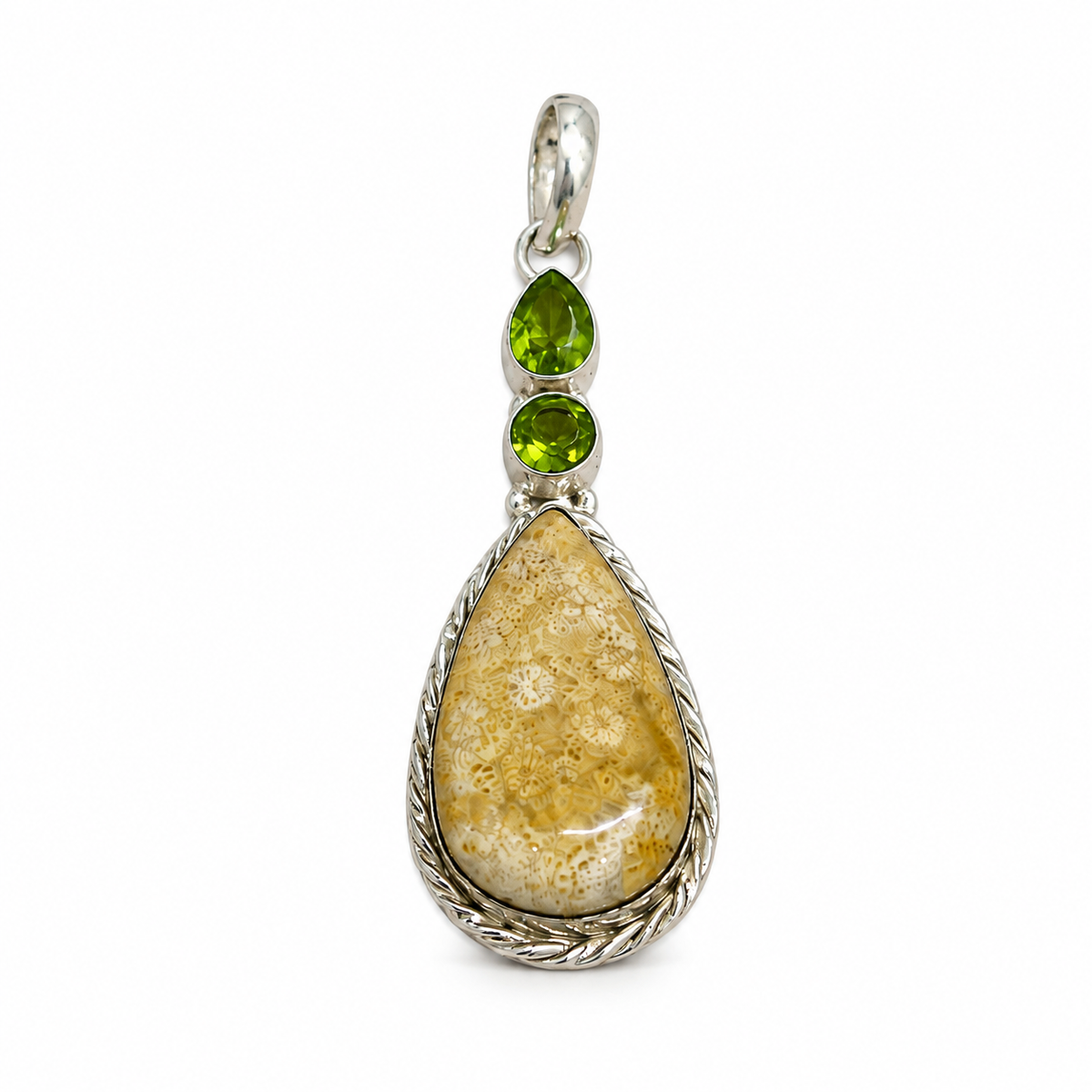 Yellow Fossil Coral Pendant with Green Gemstone Boho Charm PEN70-SLV-NFC-LPD03