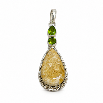 Yellow Fossil Coral Pendant with Green Gemstone Boho Charm PEN70-SLV-NFC-LPD03