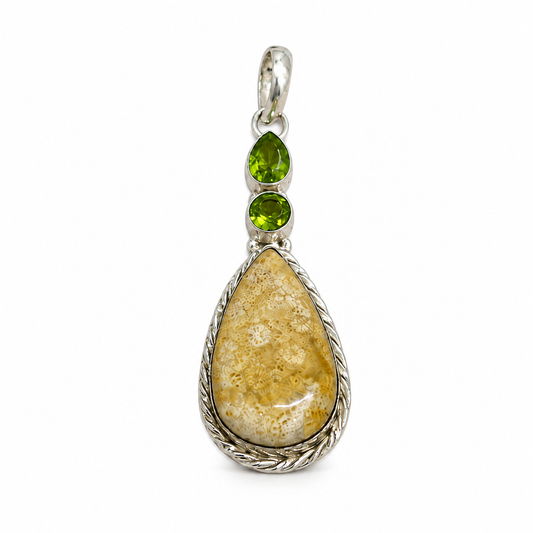 Yellow Fossil Coral Pendant with Green Gemstone Boho Charm PEN70-SLV-NFC-LPD03