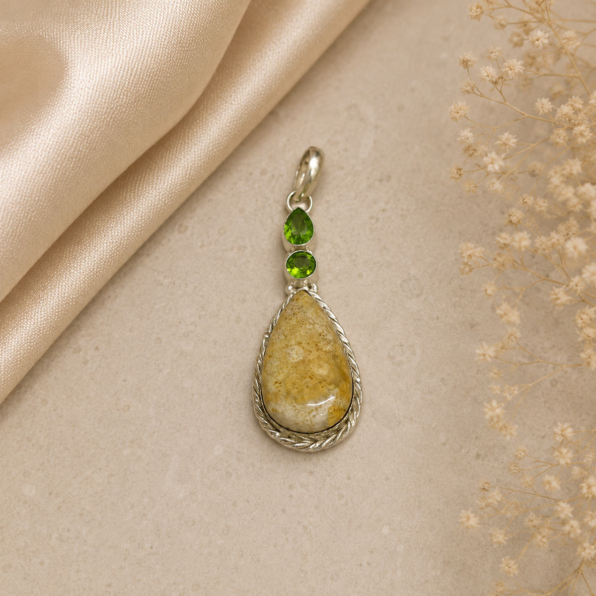 Yellow Fossil Coral Pendant with Green Gemstone Boho Charm PEN70-SLV-NFC-LPD03