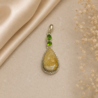 Yellow Fossil Coral Pendant with Green Gemstone Boho Charm PEN70-SLV-NFC-LPD03