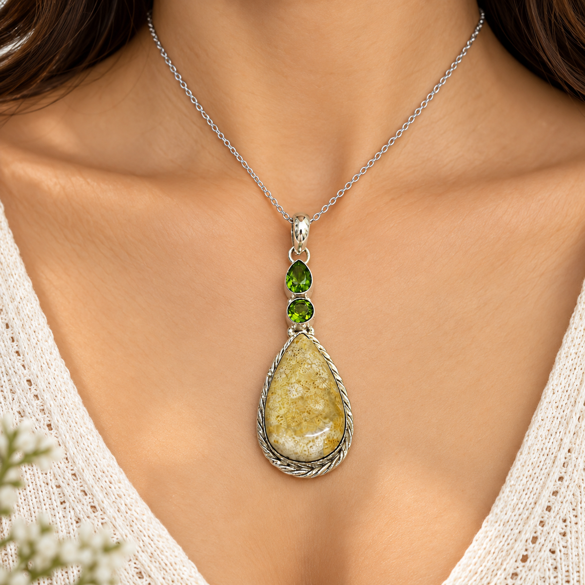 Yellow Fossil Coral Pendant with Green Gemstone Boho Charm PEN70-SLV-NFC-LPD03