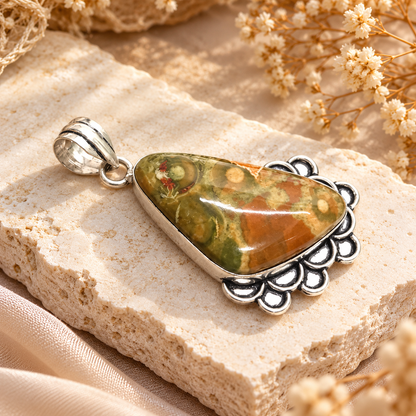 Bloodstone Pendant, Natural Jasper Gemstone Silver Jewelry PEN700-SLV-NBST01